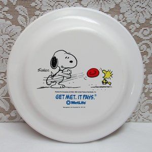 Met Life PEANUTS GANG Snoopy Woodstock FRISBEE Advert. FLYING DISK White Flyer